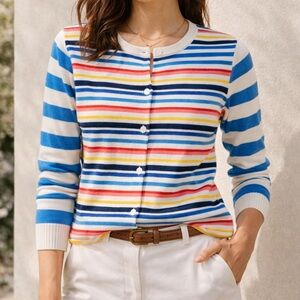 Preppy Colorful Stripe Cardigan 100% Cotton Vintage Inspired Knit Sweater Medium